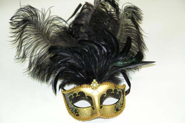 black and gold venetian feather masquerade mask