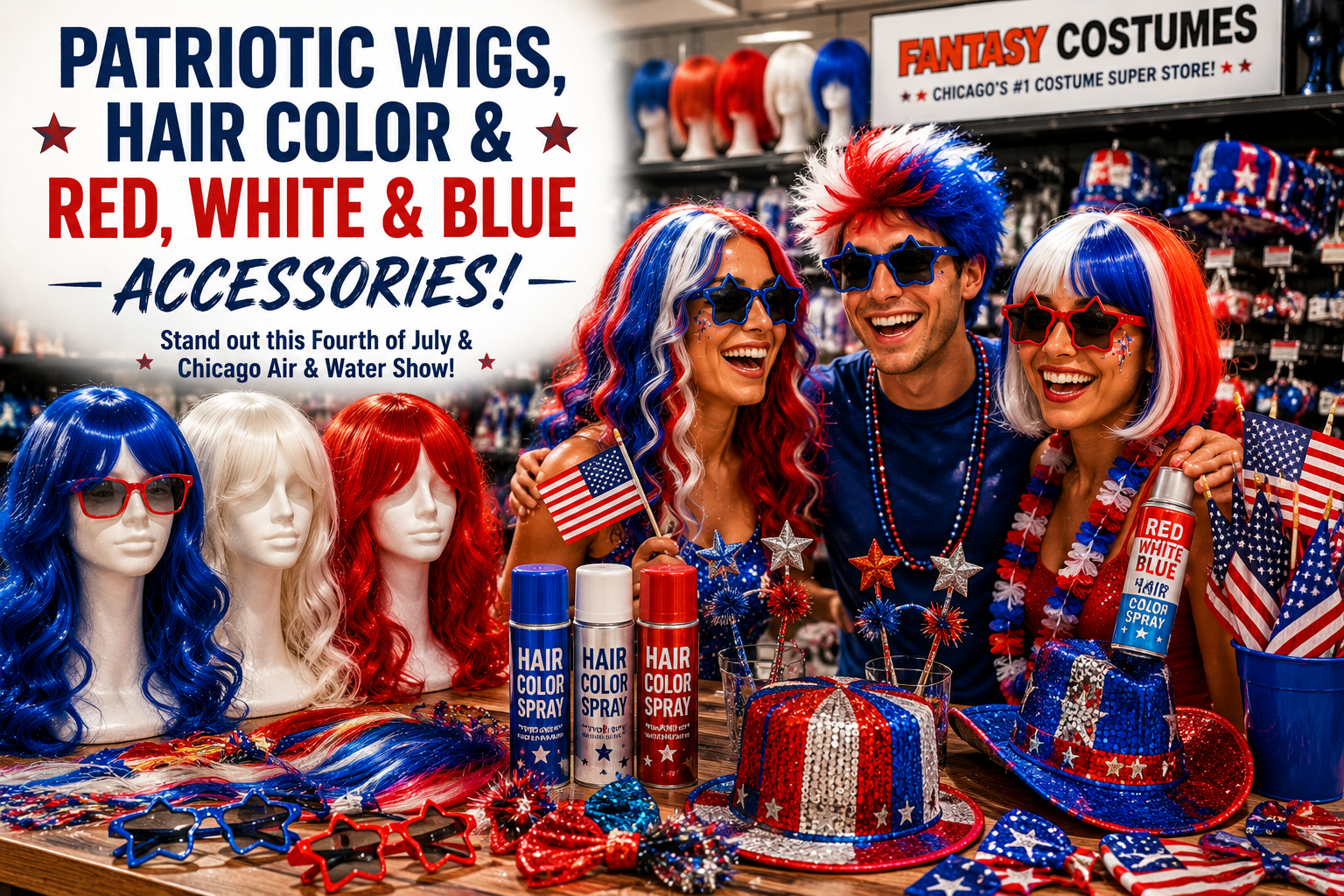 Patriotic Wigs, Hair Color & Red, White & Blue Accessories