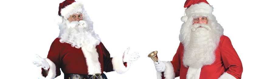 Santa suit outfit rentals in Chicago and online. Two Santa outfits displayed as the banner on a page about Santa Claus costume rentals.